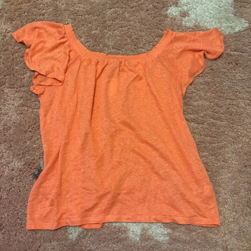 Loft 100% Linen Ruffle Off Shoulder Coral Orange Sz Small NWT Elevated Basics